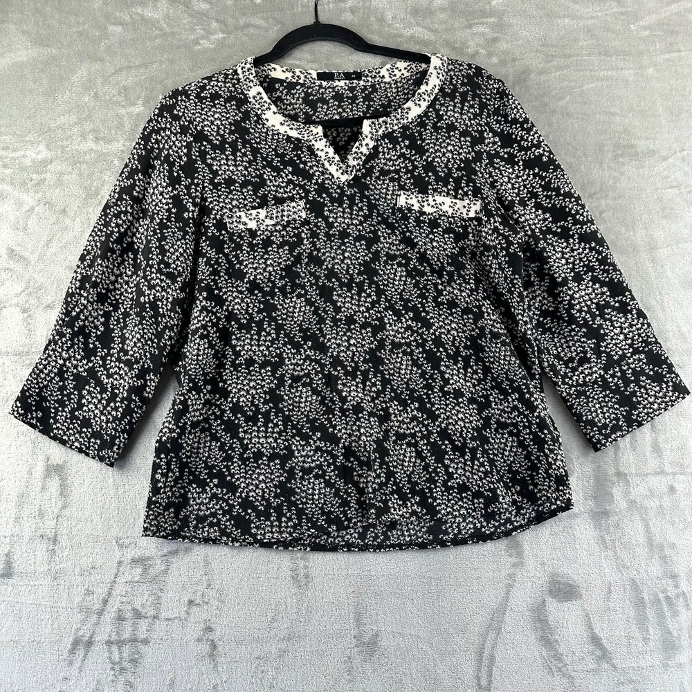 PA Concept Blouse Women's 42 Black & White Floral Print Roll Tab Sleeve.
